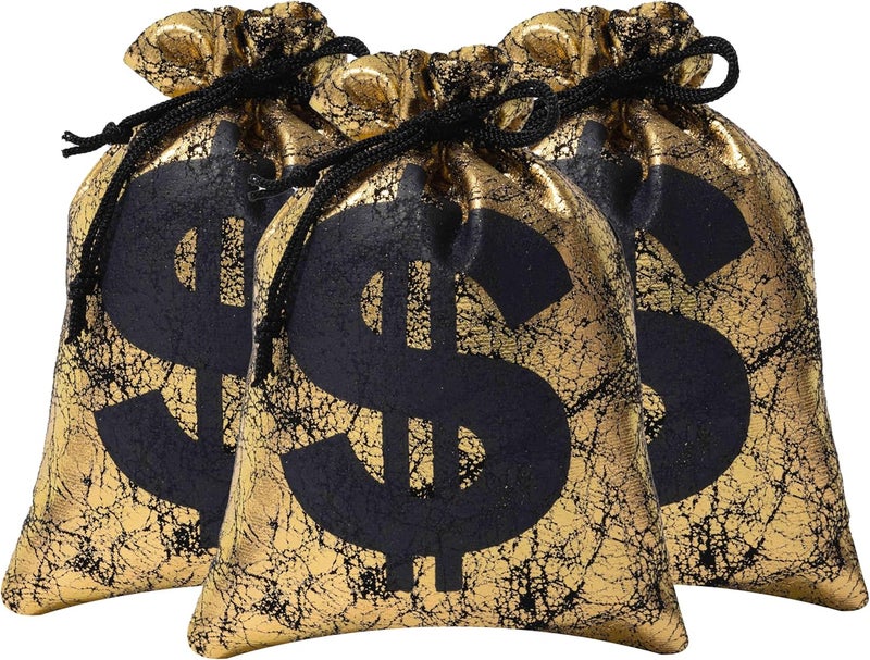 RICHNESS Money Bag with Dollar Sign 4.5X6 Inch Faux Leather Costume Money Bag Pouch with Drawstring Closure Treasure Sack for Bank Robber Old West Pirate Cowboy Casino Theme party Pack of 12 - Image 1